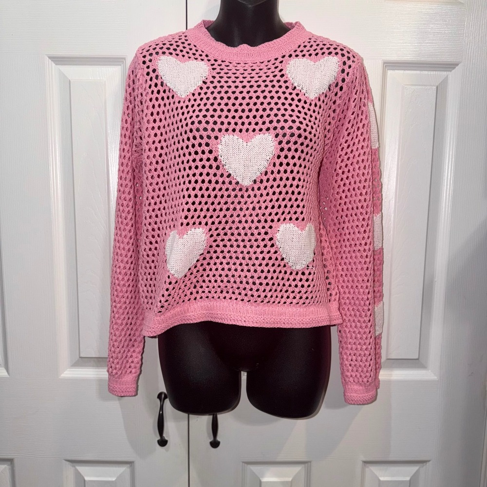 NWOT POL Pink Open Knit Heart Sweater Womens Sm Crew Neck Long Sleeve Pullover - Picture 2 of 4